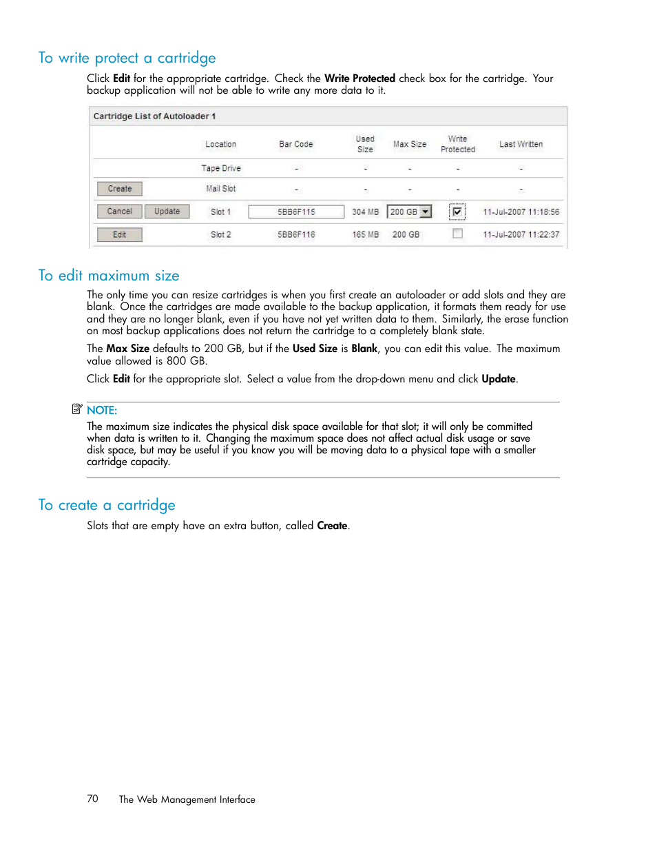 To write protect a cartridge, To edit maximum size, To create a cartridge | HP D2D100 Backup System User Manual | Page 70 / 126