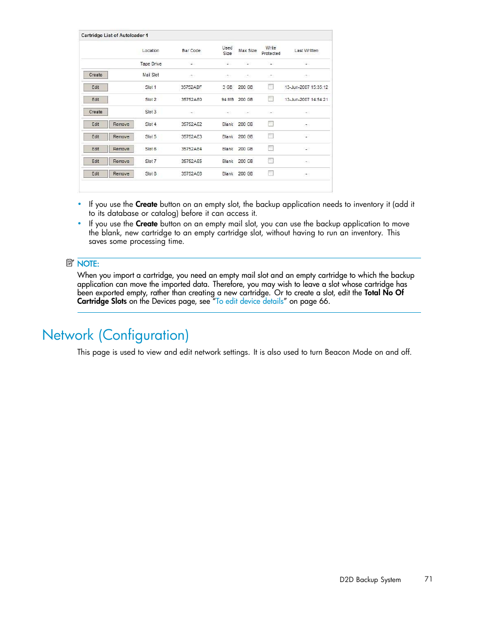 Network (configuration) | HP D2D100 Backup System User Manual | Page 71 / 126