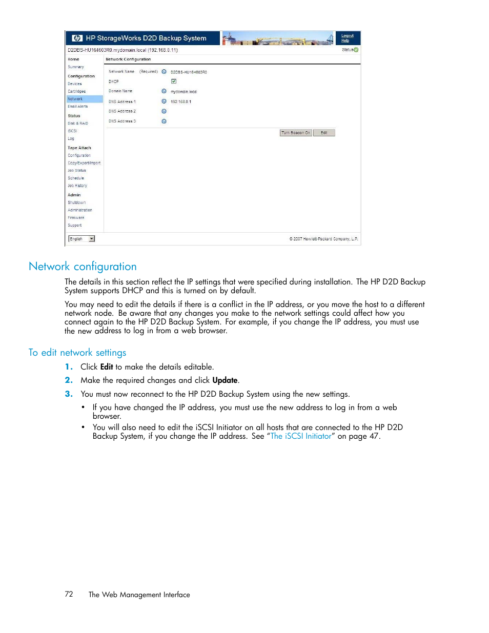 To edit network settings, Network configuration | HP D2D100 Backup System User Manual | Page 72 / 126