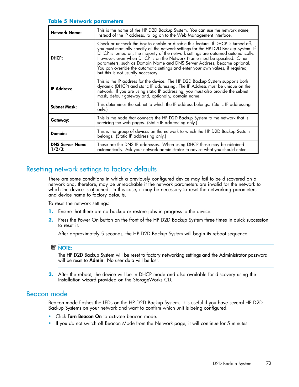 Resetting network settings to factory defaults, Beacon mode, 5 network parameters | HP D2D100 Backup System User Manual | Page 73 / 126