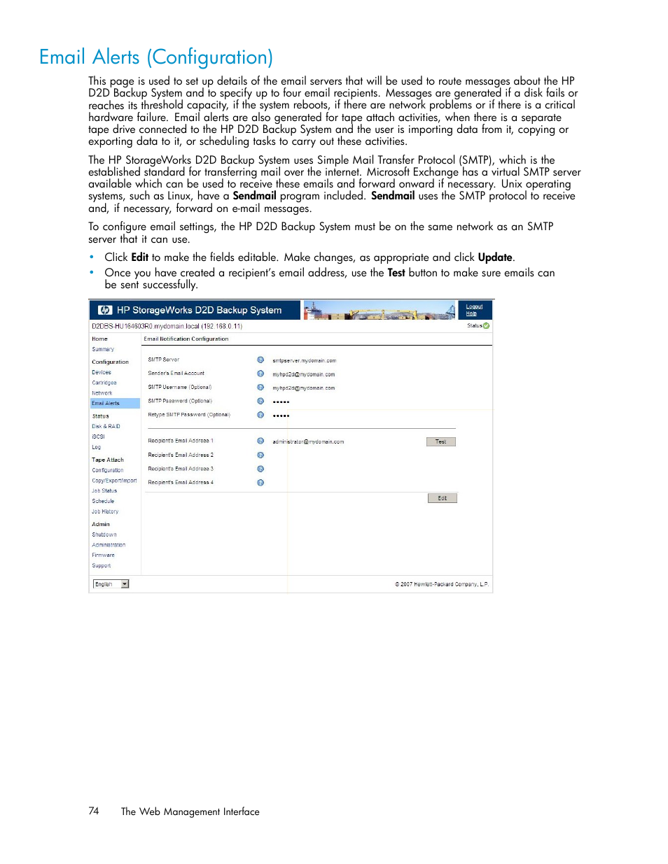 Email alerts (configuration) | HP D2D100 Backup System User Manual | Page 74 / 126