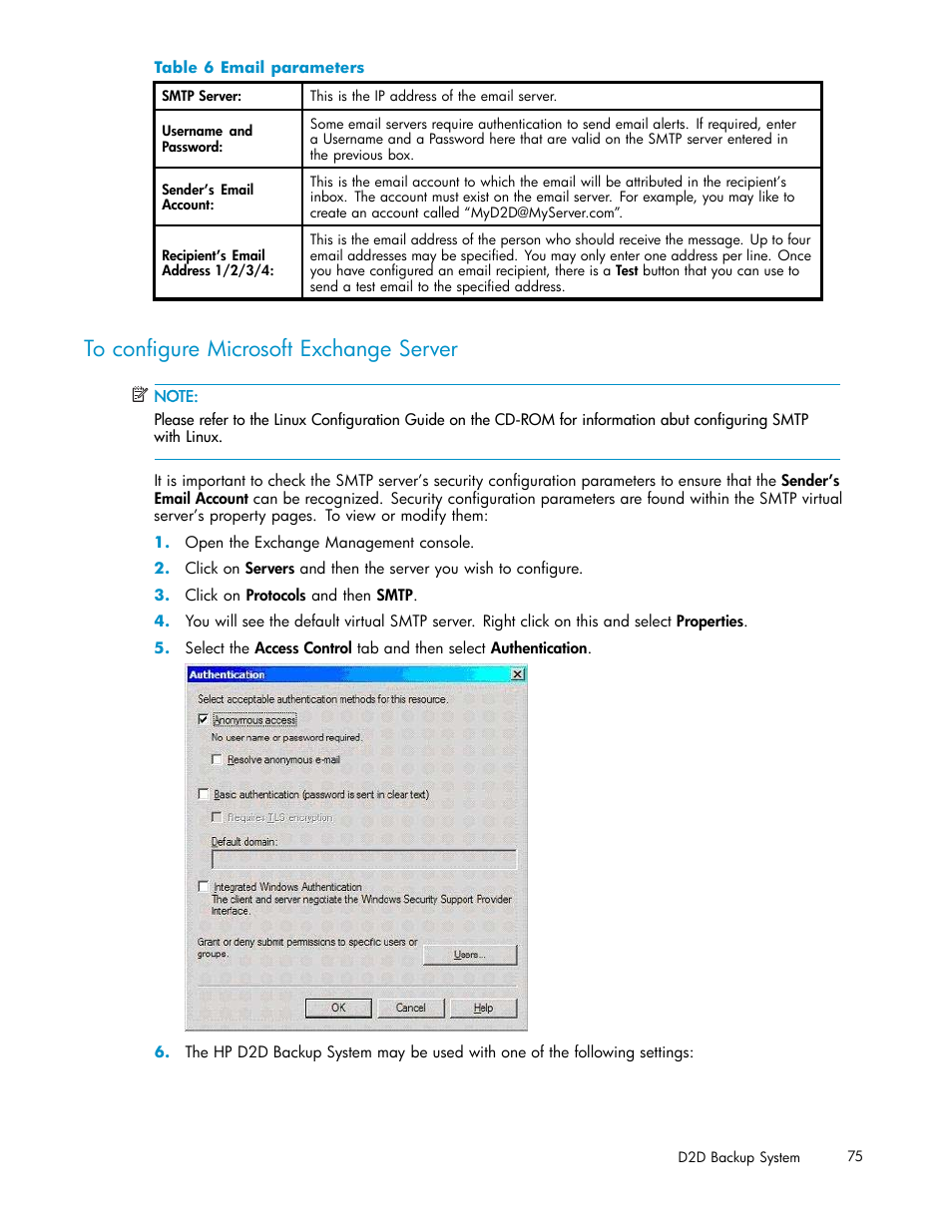 To configure microsoft exchange server, 6 email parameters | HP D2D100 Backup System User Manual | Page 75 / 126