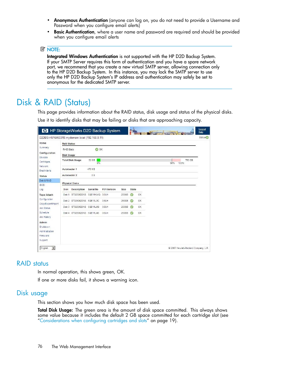 Disk & raid (status), Raid status, Disk usage | HP D2D100 Backup System User Manual | Page 76 / 126