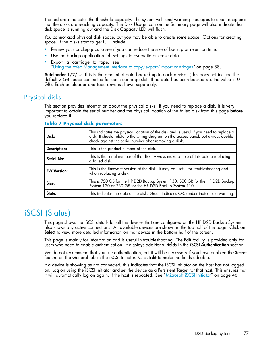 Physical disks, Iscsi (status), 7 physical disk parameters | HP D2D100 Backup System User Manual | Page 77 / 126