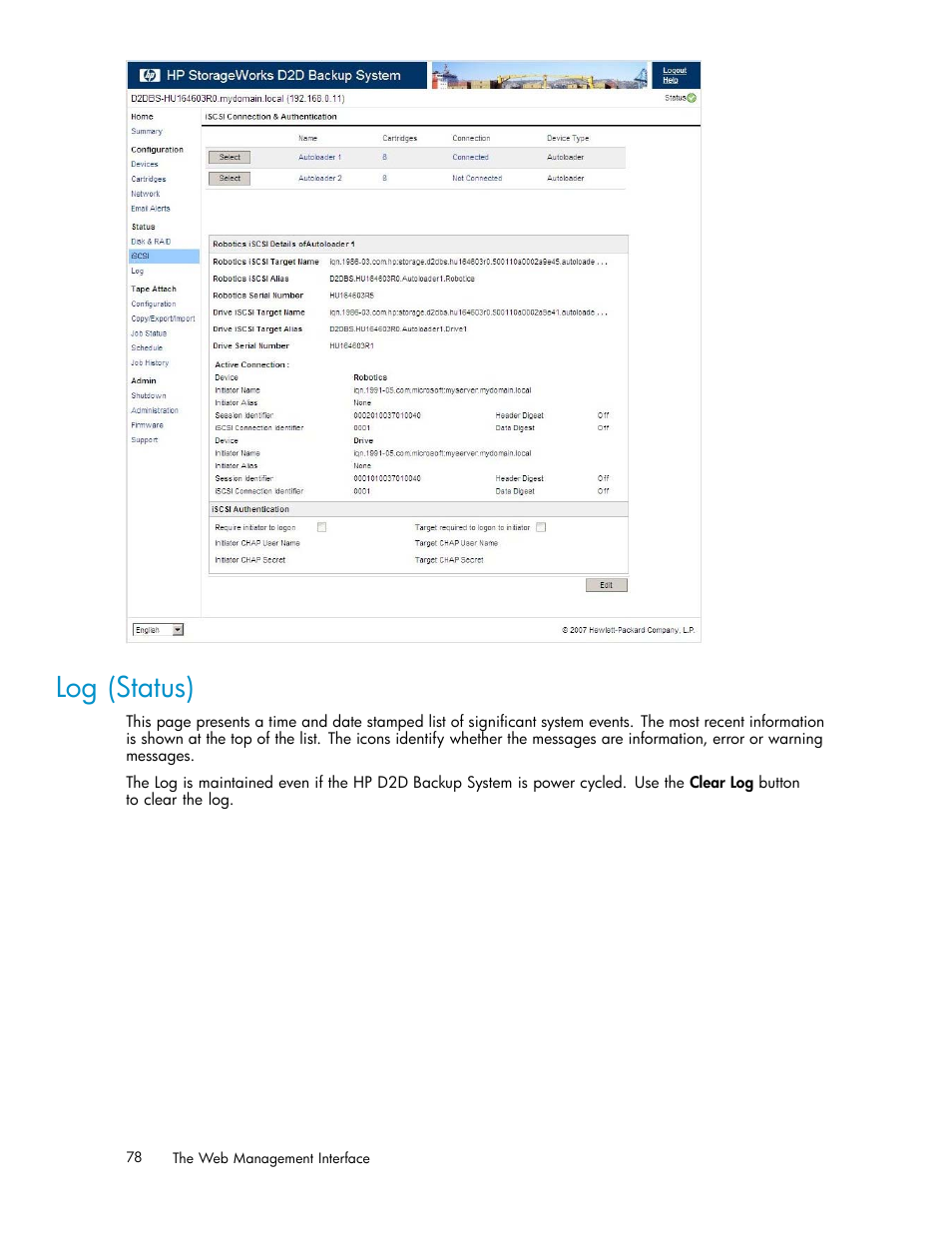 Log (status) | HP D2D100 Backup System User Manual | Page 78 / 126