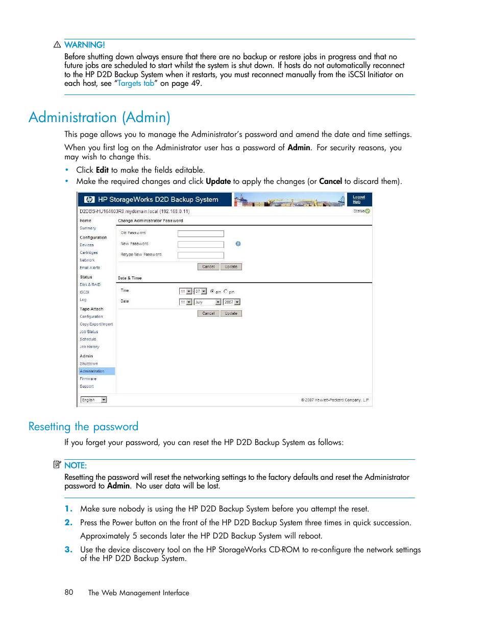 Administration (admin), Resetting the password | HP D2D100 Backup System User Manual | Page 80 / 126