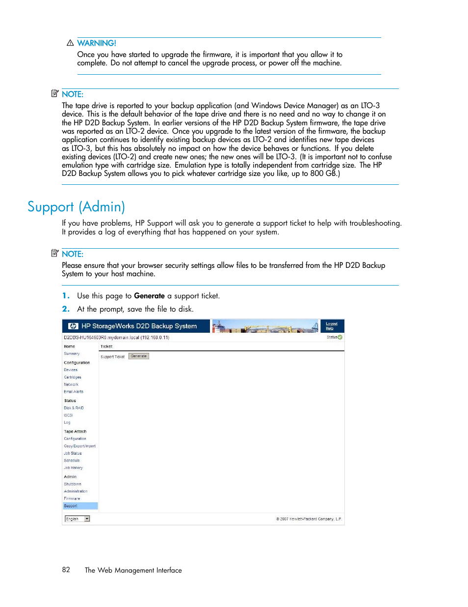 Support (admin) | HP D2D100 Backup System User Manual | Page 82 / 126