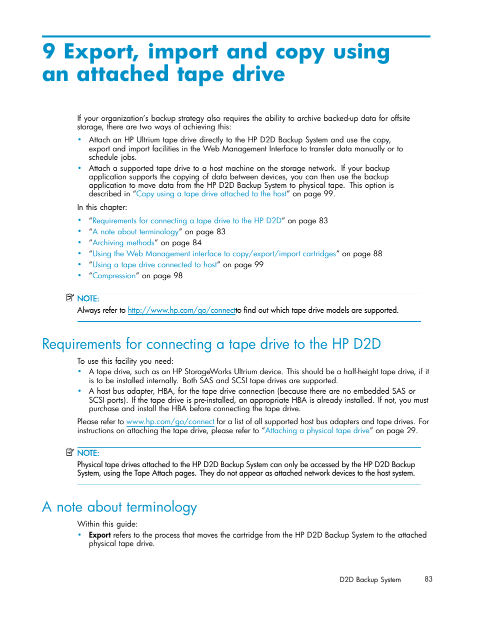 A note about terminology, Export, import and copy to an attached tape drive | HP D2D100 Backup System User Manual | Page 83 / 126