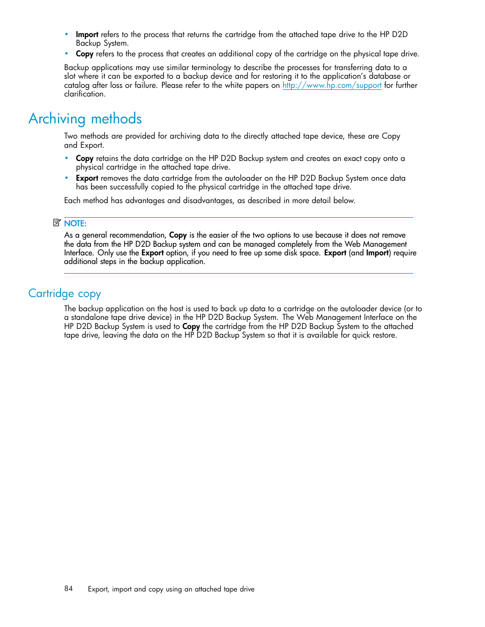 Archiving methods, Cartridge copy | HP D2D100 Backup System User Manual | Page 84 / 126