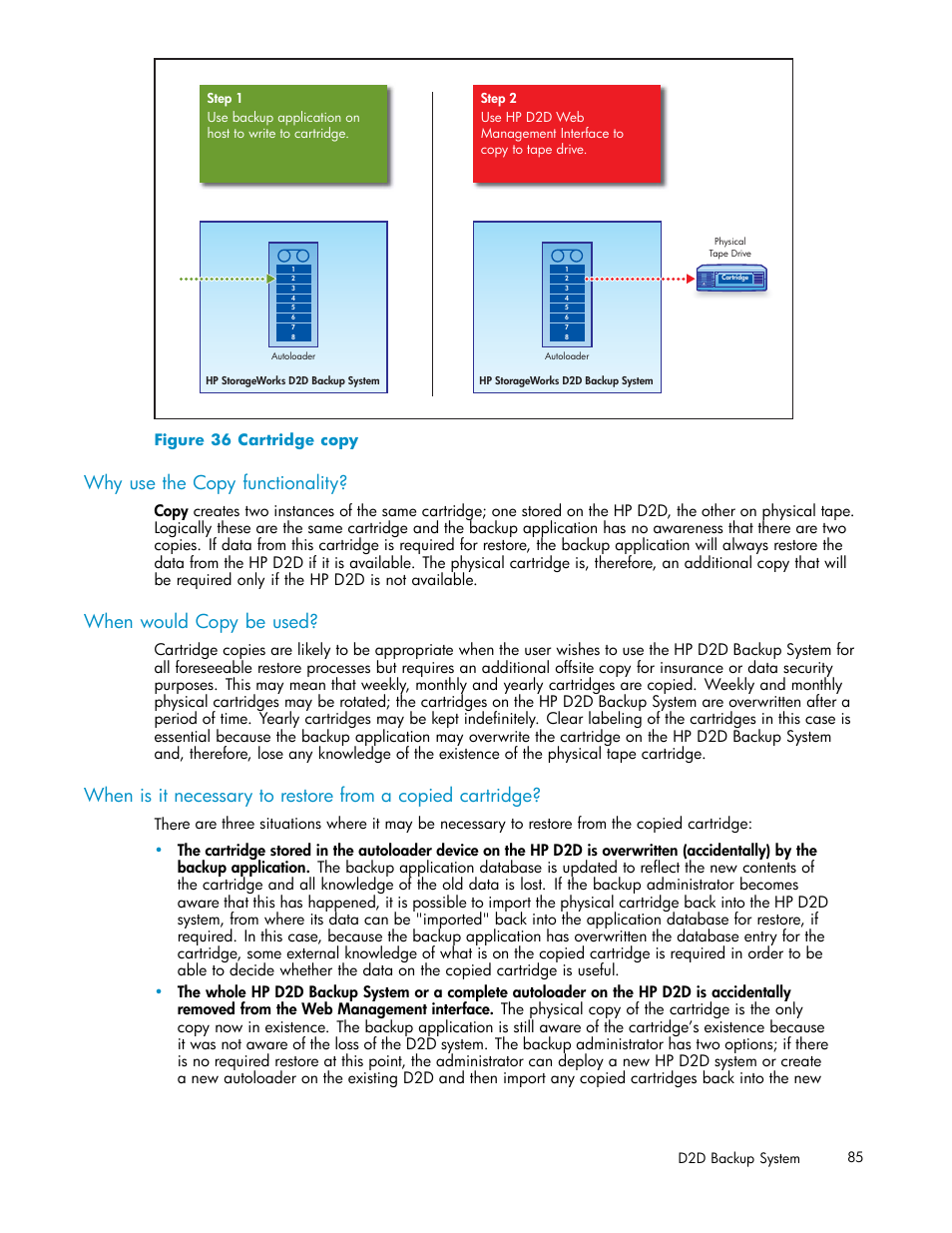 Why use the copy functionality, When would copy be used, 36 cartridge copy | HP D2D100 Backup System User Manual | Page 85 / 126