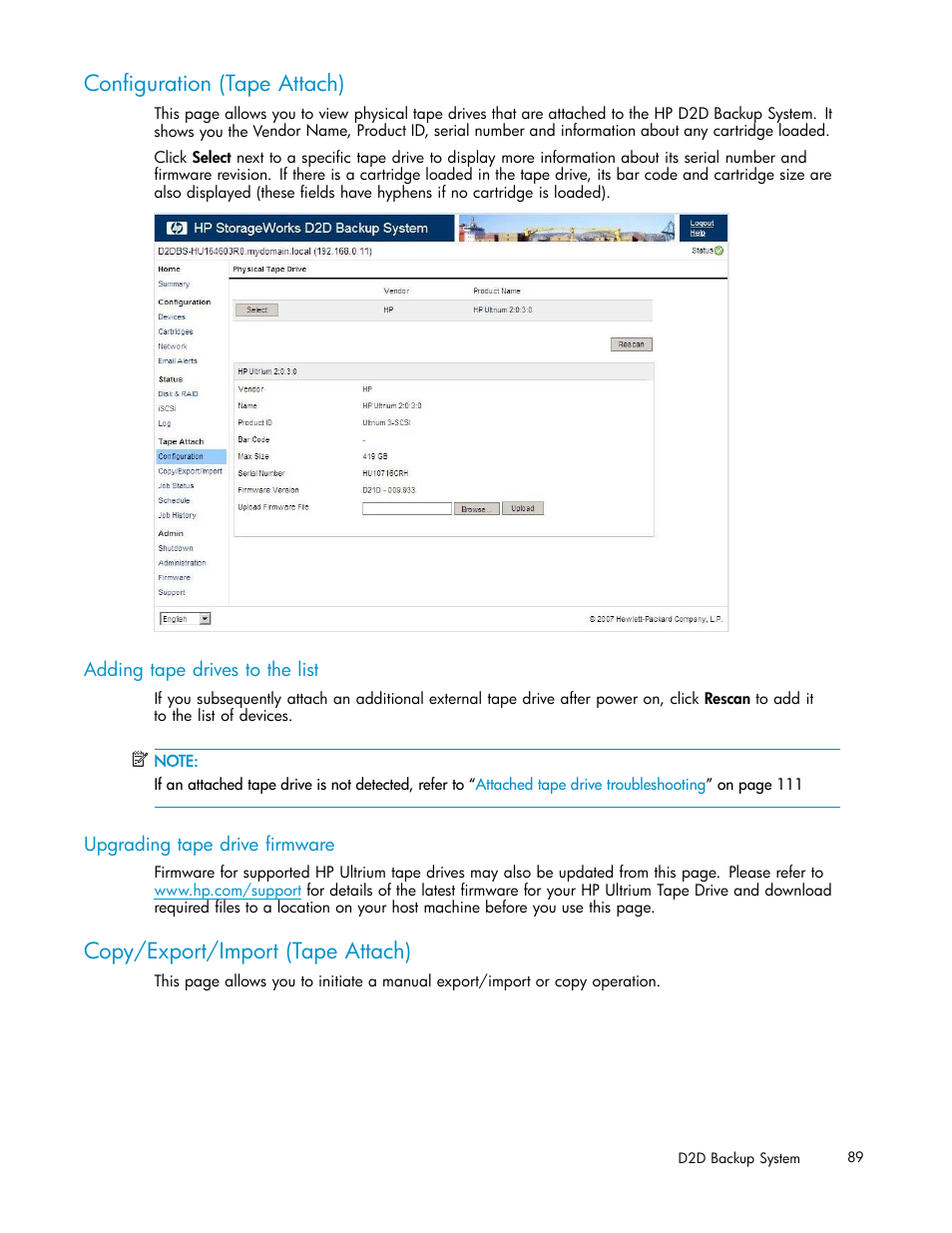 Configuration (tape attach), Adding tape drives to the list, Upgrading tape drive firmware | Copy/export/import (tape attach) | HP D2D100 Backup System User Manual | Page 89 / 126
