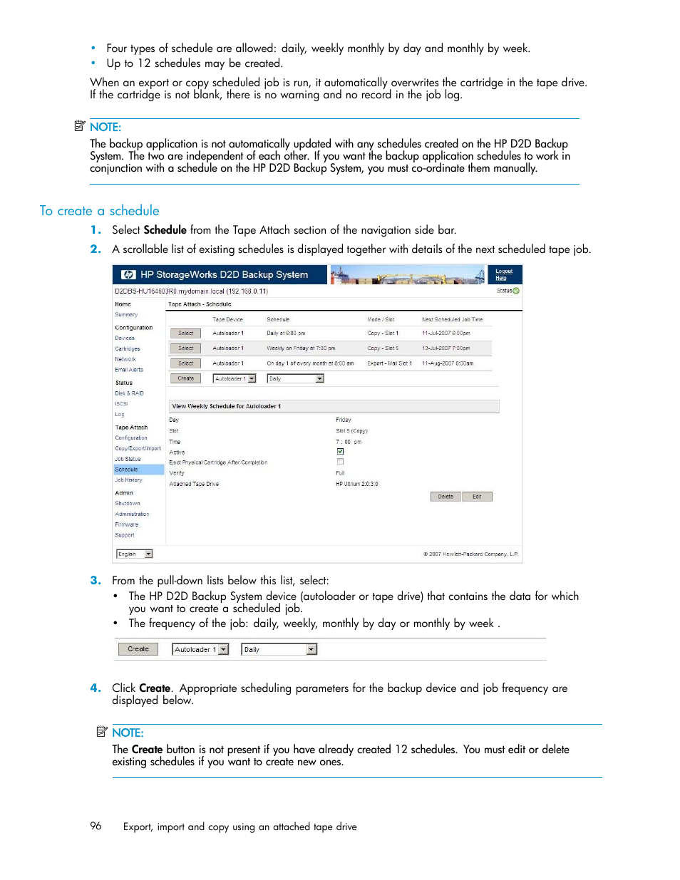 To create a schedule | HP D2D100 Backup System User Manual | Page 96 / 126