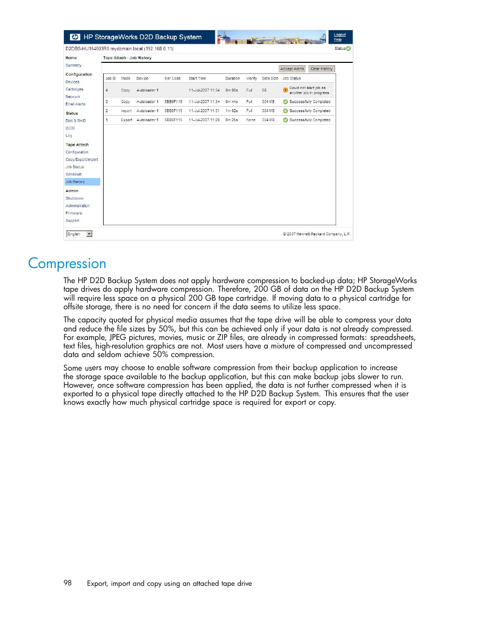 Compression | HP D2D100 Backup System User Manual | Page 98 / 126
