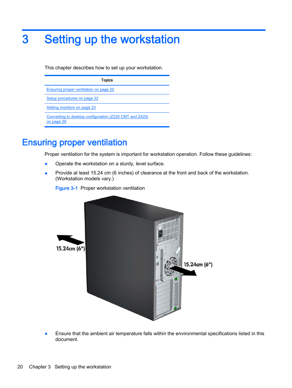 Setting up the workstation, Ensuring proper ventilation, 3 setting up the workstation | 3setting up the workstation | HP Z620 Workstation User Manual | Page 28 / 65