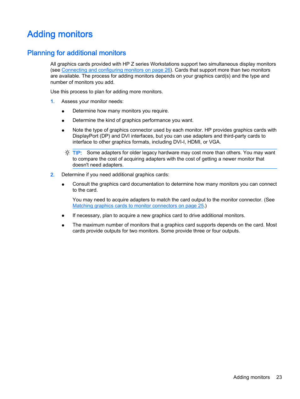 Adding monitors, Planning for additional monitors | HP Z620 Workstation User Manual | Page 31 / 65