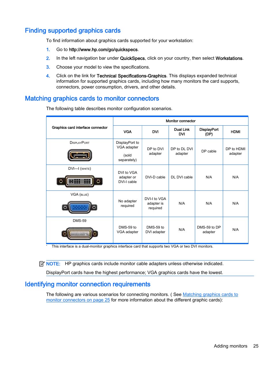 Finding supported graphics cards, Matching graphics cards to monitor connectors, Identifying monitor connection requirements | Finding, Identifying | HP Z620 Workstation User Manual | Page 33 / 65