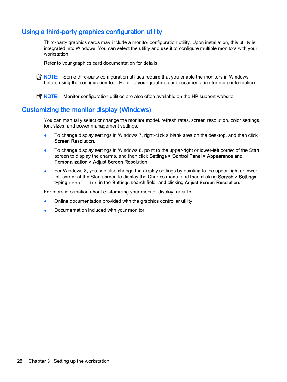Using a third-party graphics configuration utility, Customizing the monitor display (windows) | HP Z620 Workstation User Manual | Page 36 / 65
