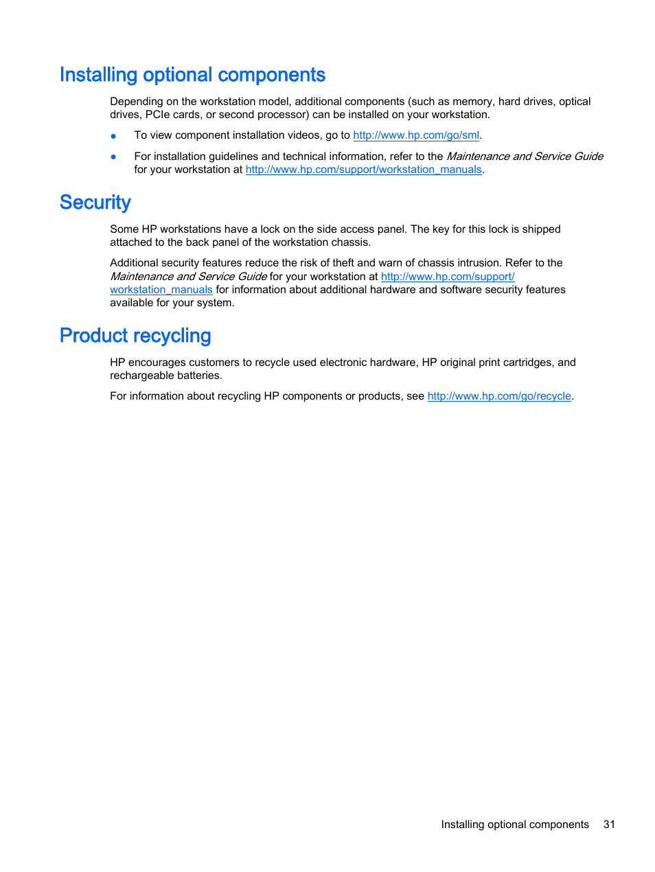 Installing optional components, Security, Product recycling | HP Z620 Workstation User Manual | Page 39 / 65