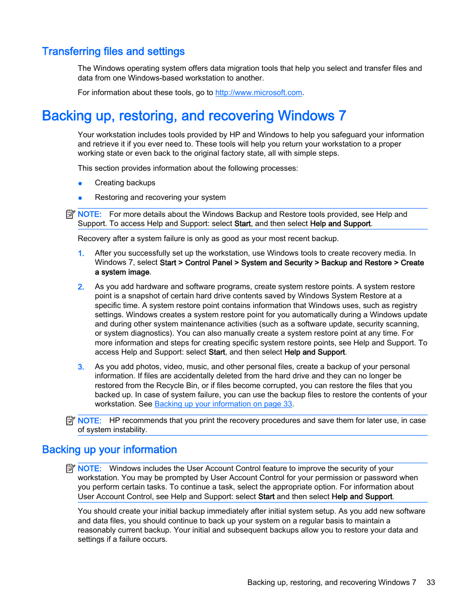 Transferring files and settings, Backing up, restoring, and recovering windows 7, Backing up your information | HP Z620 Workstation User Manual | Page 41 / 65