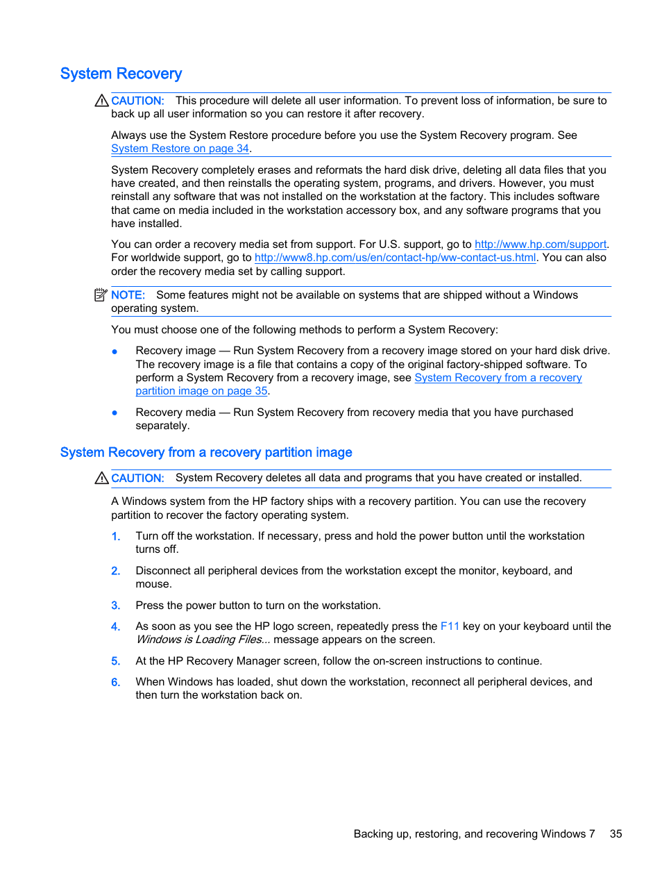 System recovery, System recovery from a recovery partition image | HP Z620 Workstation User Manual | Page 43 / 65