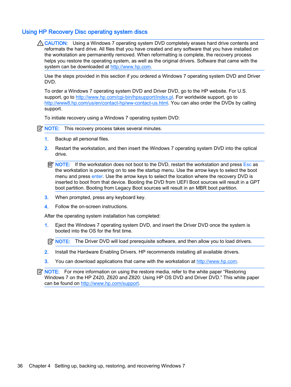 Using hp recovery disc operating system discs | HP Z620 Workstation User Manual | Page 44 / 65