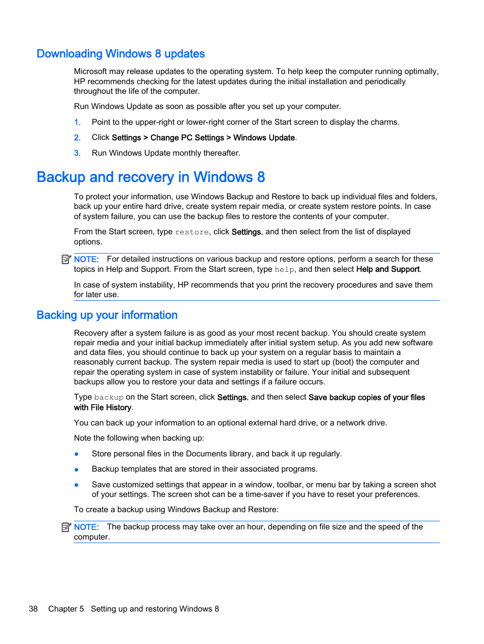 Downloading windows 8 updates, Backup and recovery in windows 8, Backing up your information | HP Z620 Workstation User Manual | Page 46 / 65