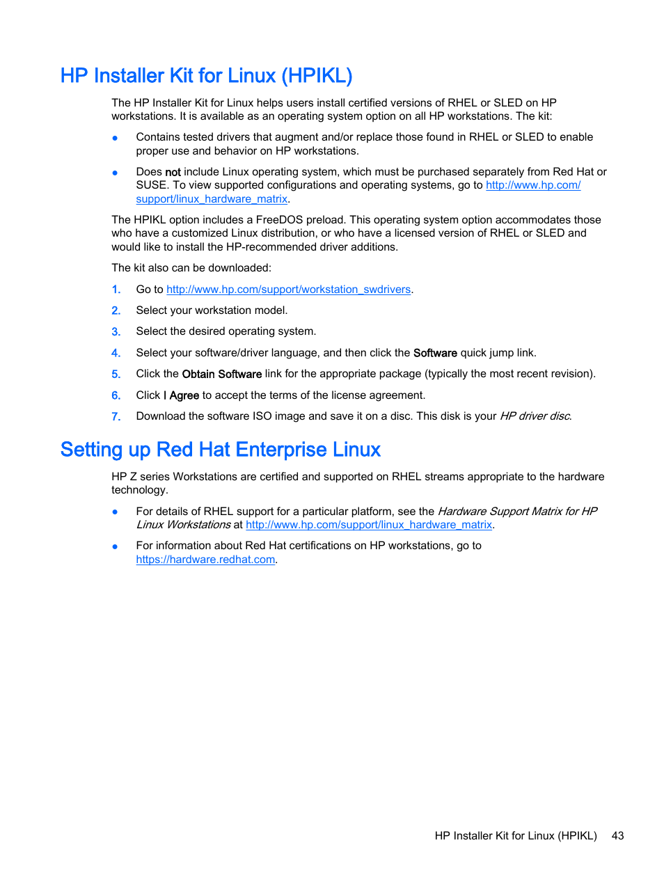 Hp installer kit for linux (hpikl), Setting up red hat enterprise linux | HP Z620 Workstation User Manual | Page 51 / 65