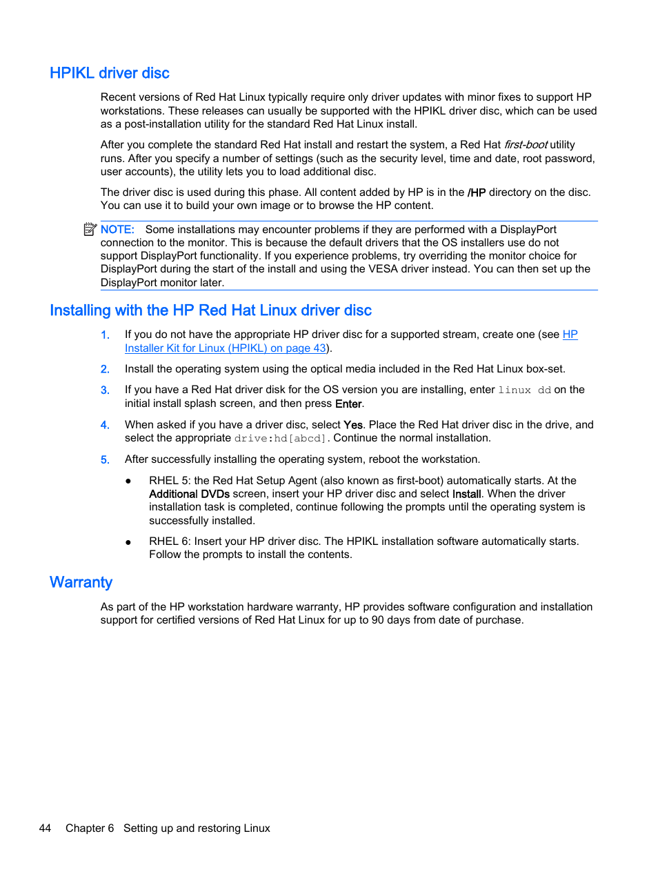 Hpikl driver disc, Installing with the hp red hat linux driver disc, Warranty | HP Z620 Workstation User Manual | Page 52 / 65