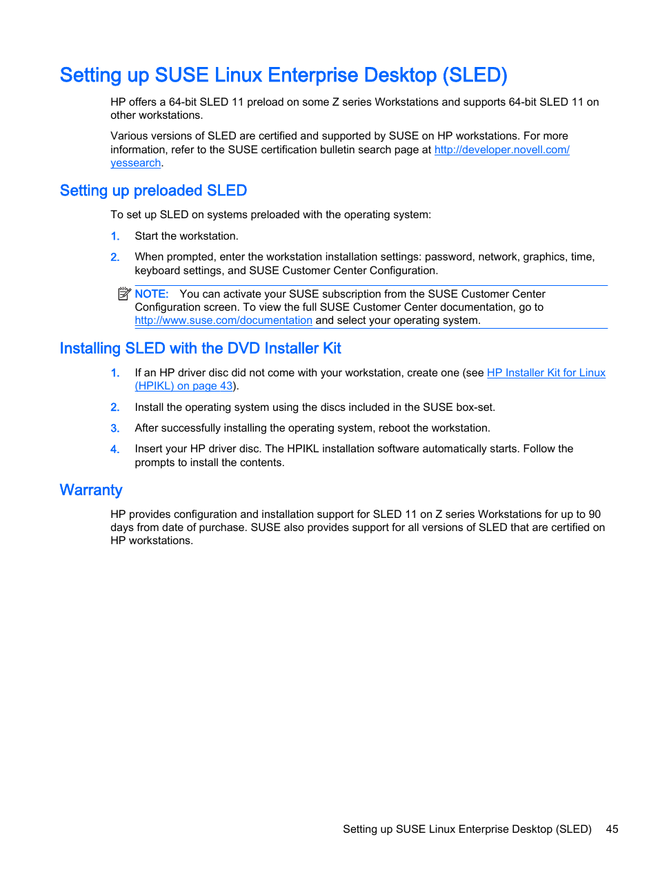 Setting up suse linux enterprise desktop (sled), Setting up preloaded sled, Installing sled with the dvd installer kit | Warranty | HP Z620 Workstation User Manual | Page 53 / 65