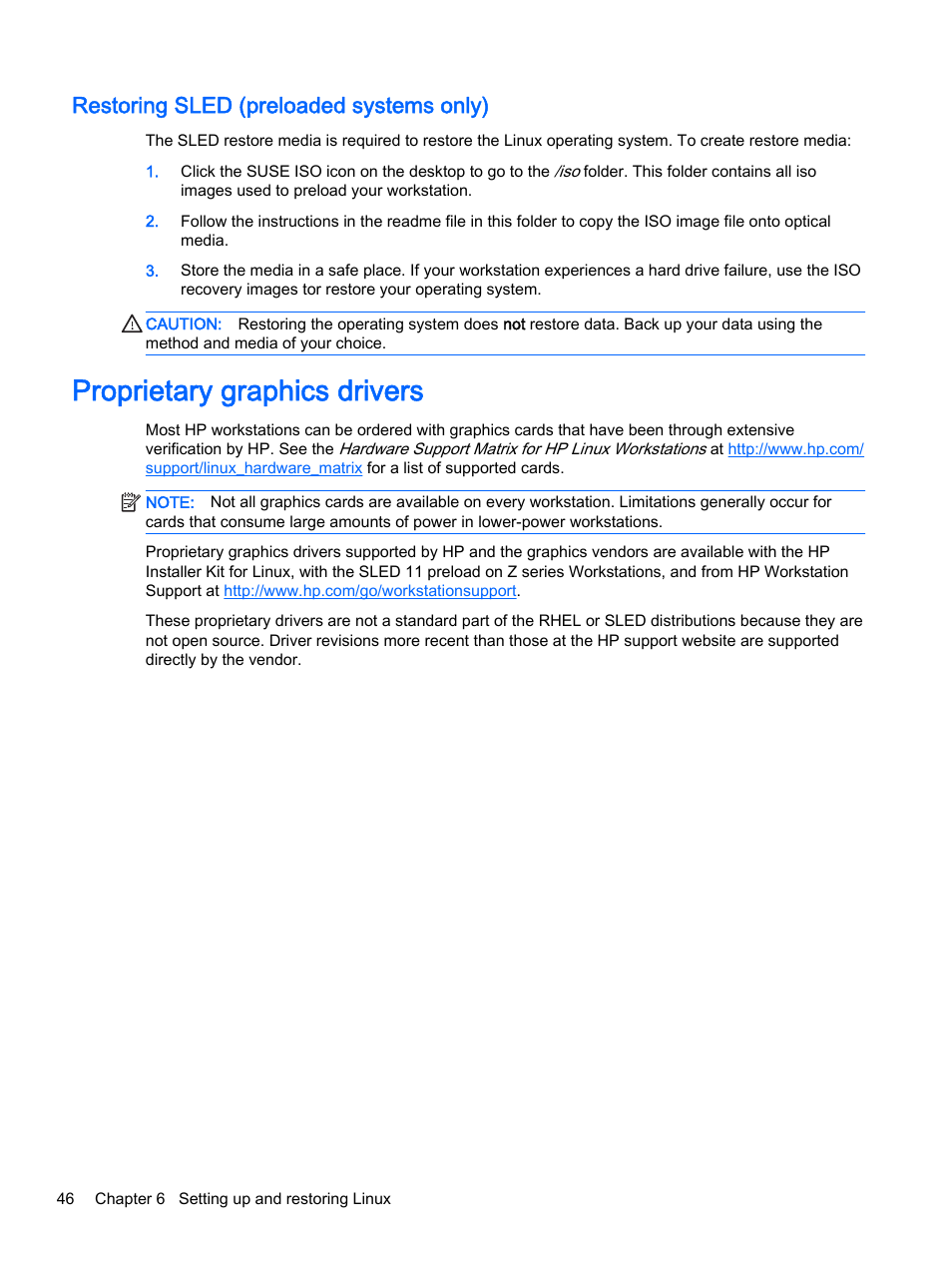 Restoring sled (preloaded systems only), Proprietary graphics drivers | HP Z620 Workstation User Manual | Page 54 / 65