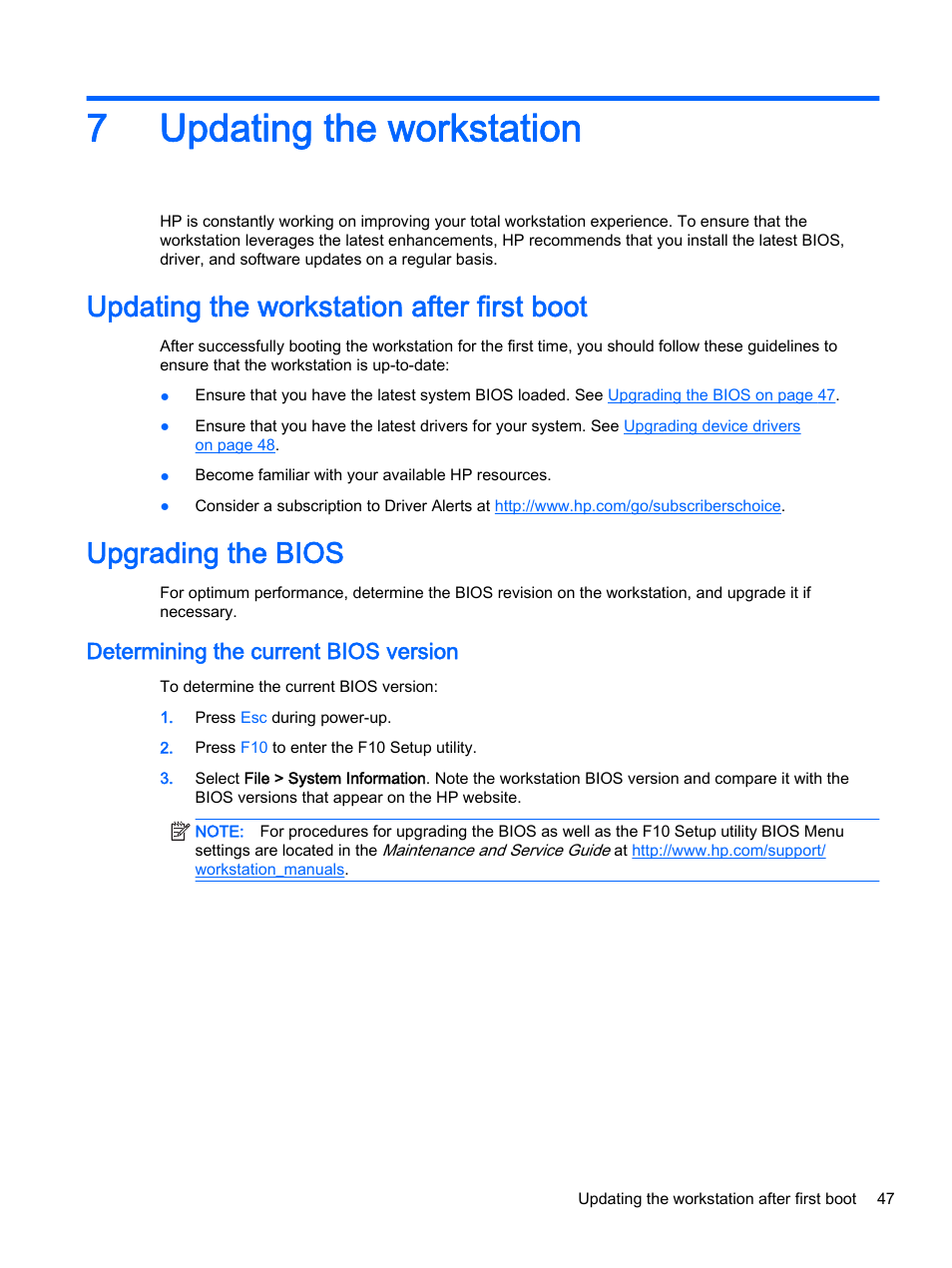 Updating the workstation, Updating the workstation after first boot, Upgrading the bios | Determining the current bios version, 7 updating the workstation, 7updating the workstation | HP Z620 Workstation User Manual | Page 55 / 65
