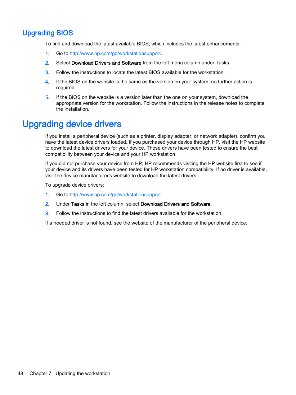 Upgrading bios, Upgrading device drivers | HP Z620 Workstation User Manual | Page 56 / 65