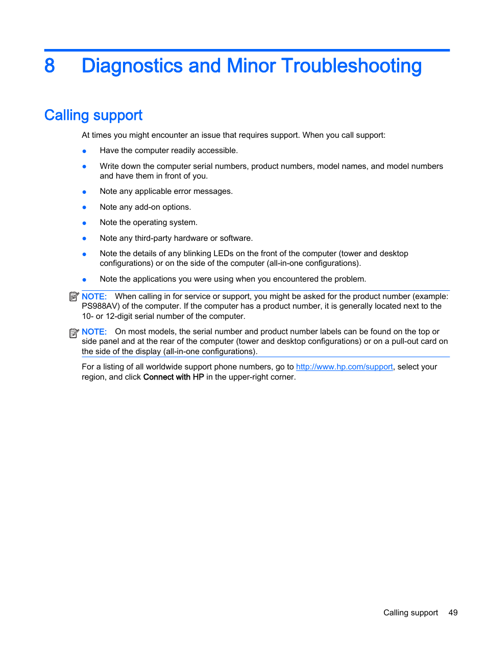 Diagnostics and minor troubleshooting, Calling support, 8 diagnostics and minor troubleshooting | 8diagnostics and minor troubleshooting | HP Z620 Workstation User Manual | Page 57 / 65