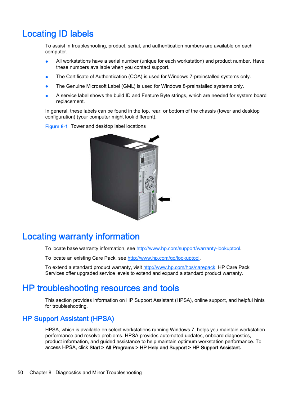 Locating id labels, Locating warranty information, Hp troubleshooting resources and tools | Hp support assistant (hpsa) | HP Z620 Workstation User Manual | Page 58 / 65