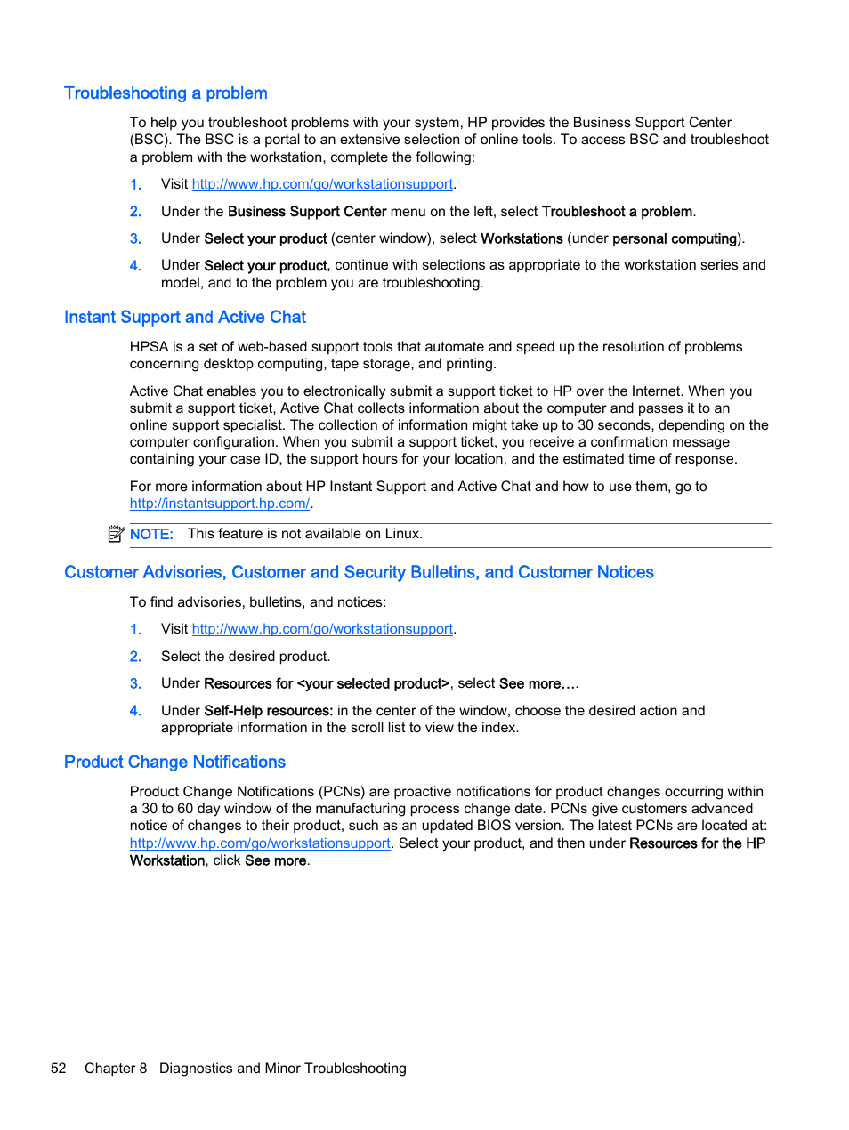 Troubleshooting a problem, Instant support and active chat, Product change notifications | HP Z620 Workstation User Manual | Page 60 / 65