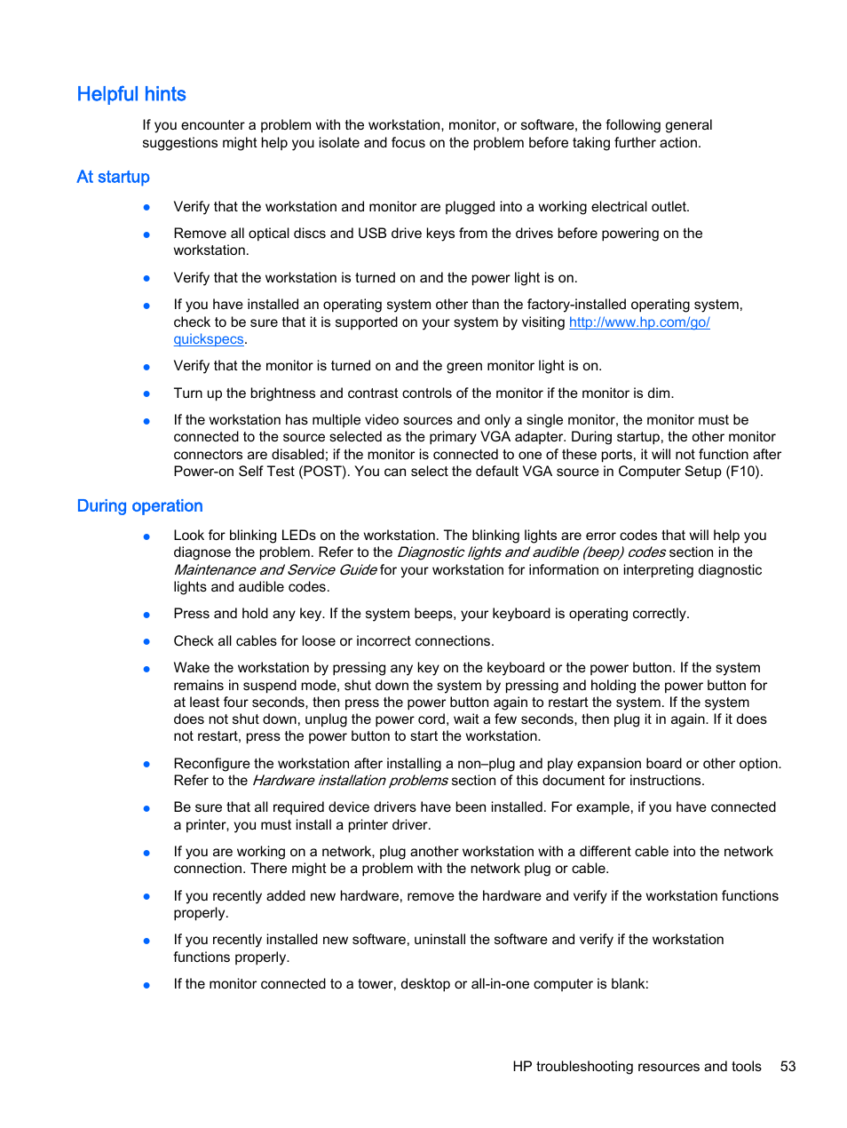 Helpful hints, At startup, During operation | At startup during operation | HP Z620 Workstation User Manual | Page 61 / 65