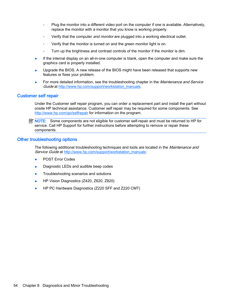 Customer self repair, Other troubleshooting options, Customer self repair other troubleshooting options | HP Z620 Workstation User Manual | Page 62 / 65