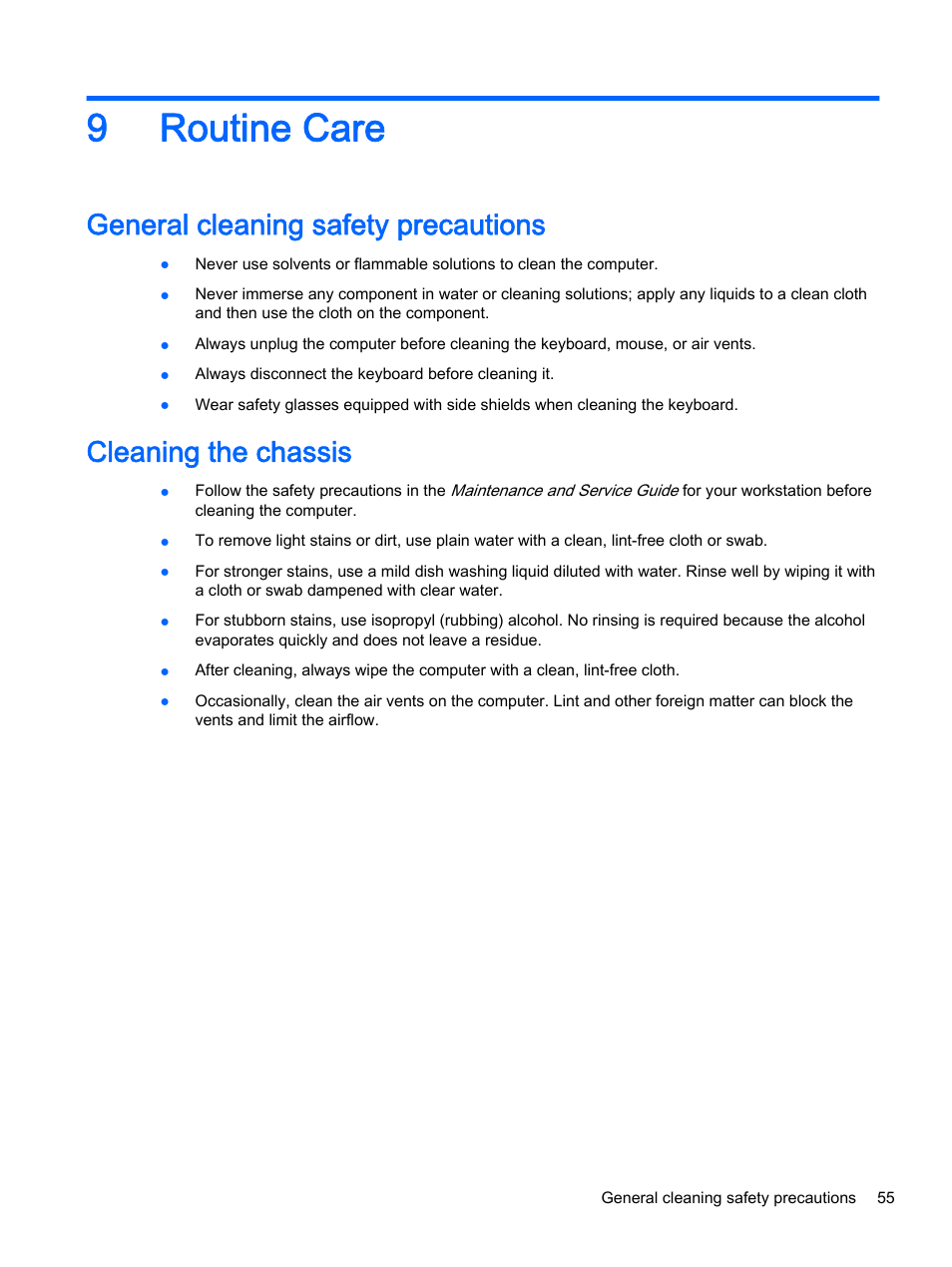 Routine care, General cleaning safety precautions, Cleaning the chassis | 9 routine care, 9routine care | HP Z620 Workstation User Manual | Page 63 / 65