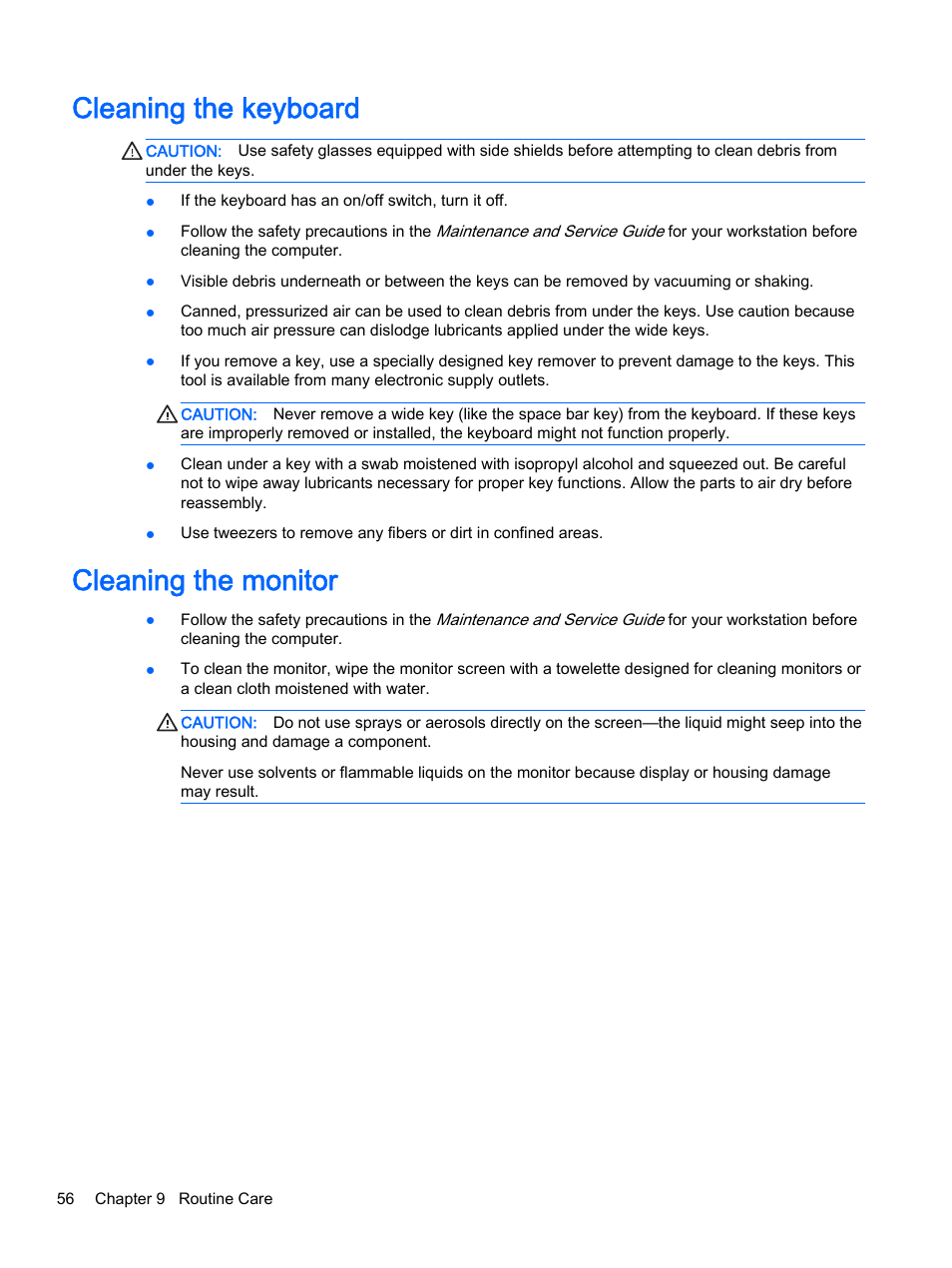 Cleaning the keyboard, Cleaning the monitor, Cleaning the keyboard cleaning the monitor | HP Z620 Workstation User Manual | Page 64 / 65