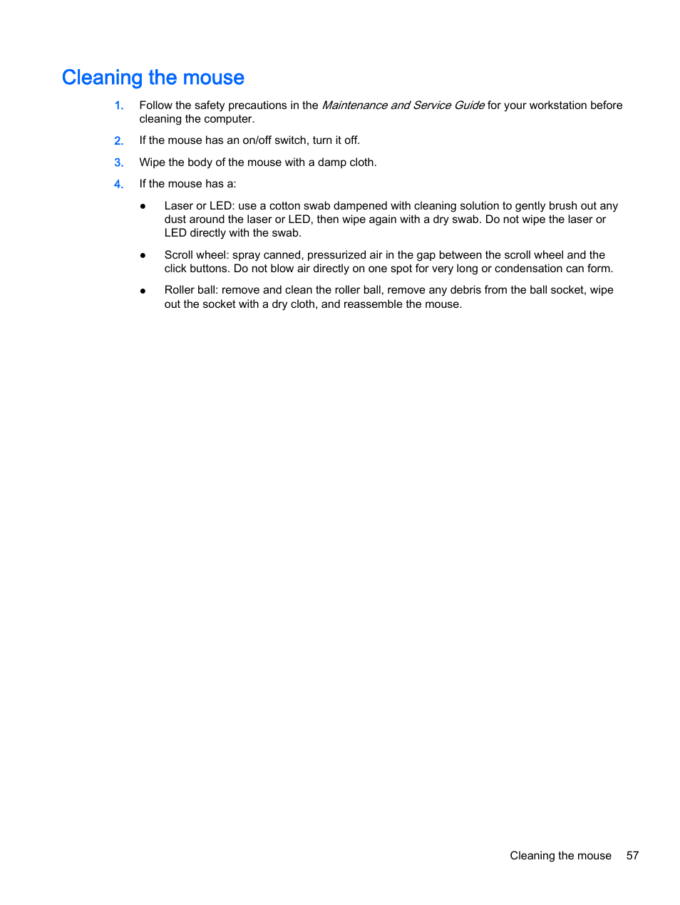 Cleaning the mouse | HP Z620 Workstation User Manual | Page 65 / 65