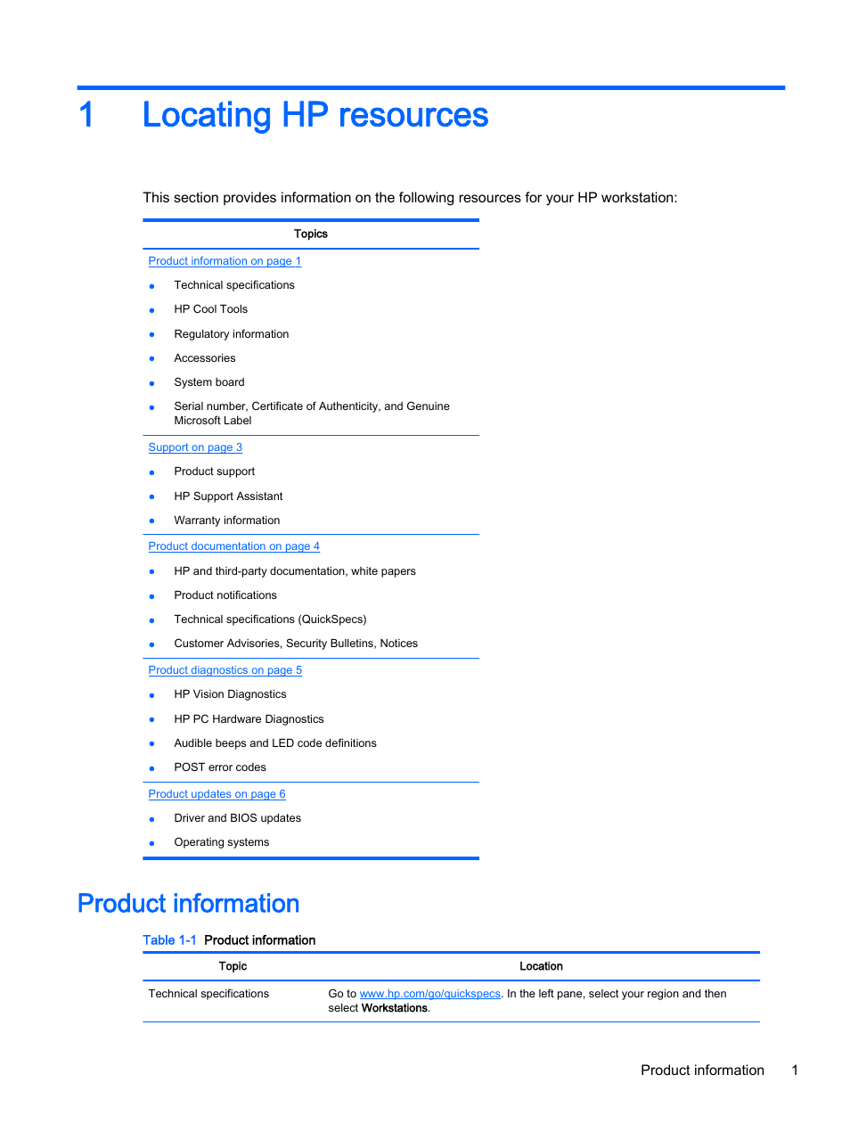 Locating hp resources, Product information, 1 locating hp resources | 1locating hp resources | HP Z620 Workstation User Manual | Page 9 / 65