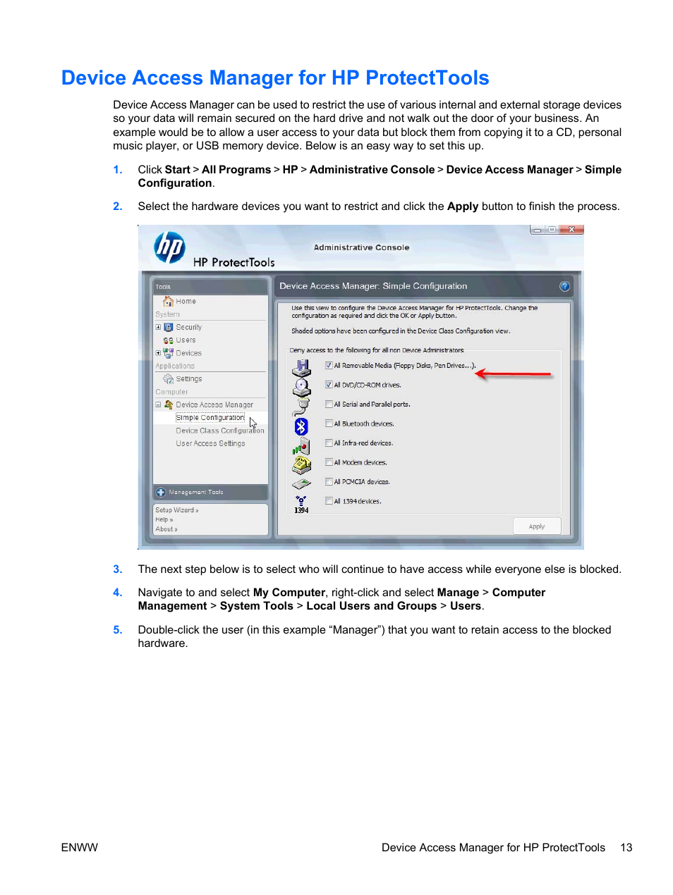 Device access manager for hp protecttools | HP Pro 3120 Small Form Factor-PC User Manual | Page 21 / 58
