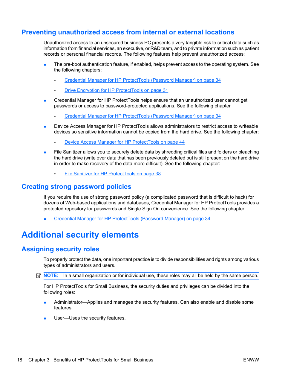 Creating strong password policies, Additional security elements, Assigning security roles | HP Pro 3120 Small Form Factor-PC User Manual | Page 26 / 58