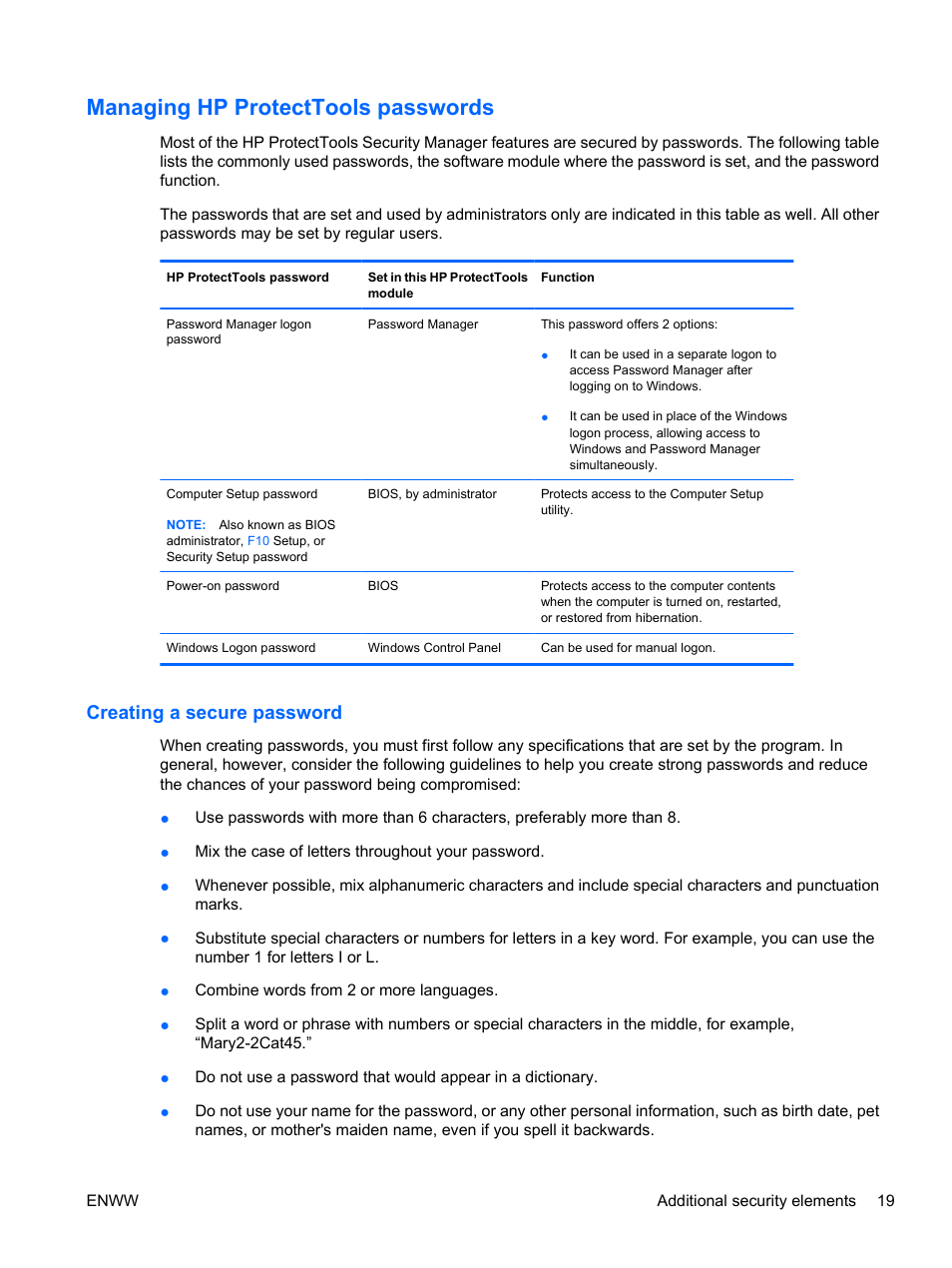 Managing hp protecttools passwords, Creating a secure password | HP Pro 3120 Small Form Factor-PC User Manual | Page 27 / 58