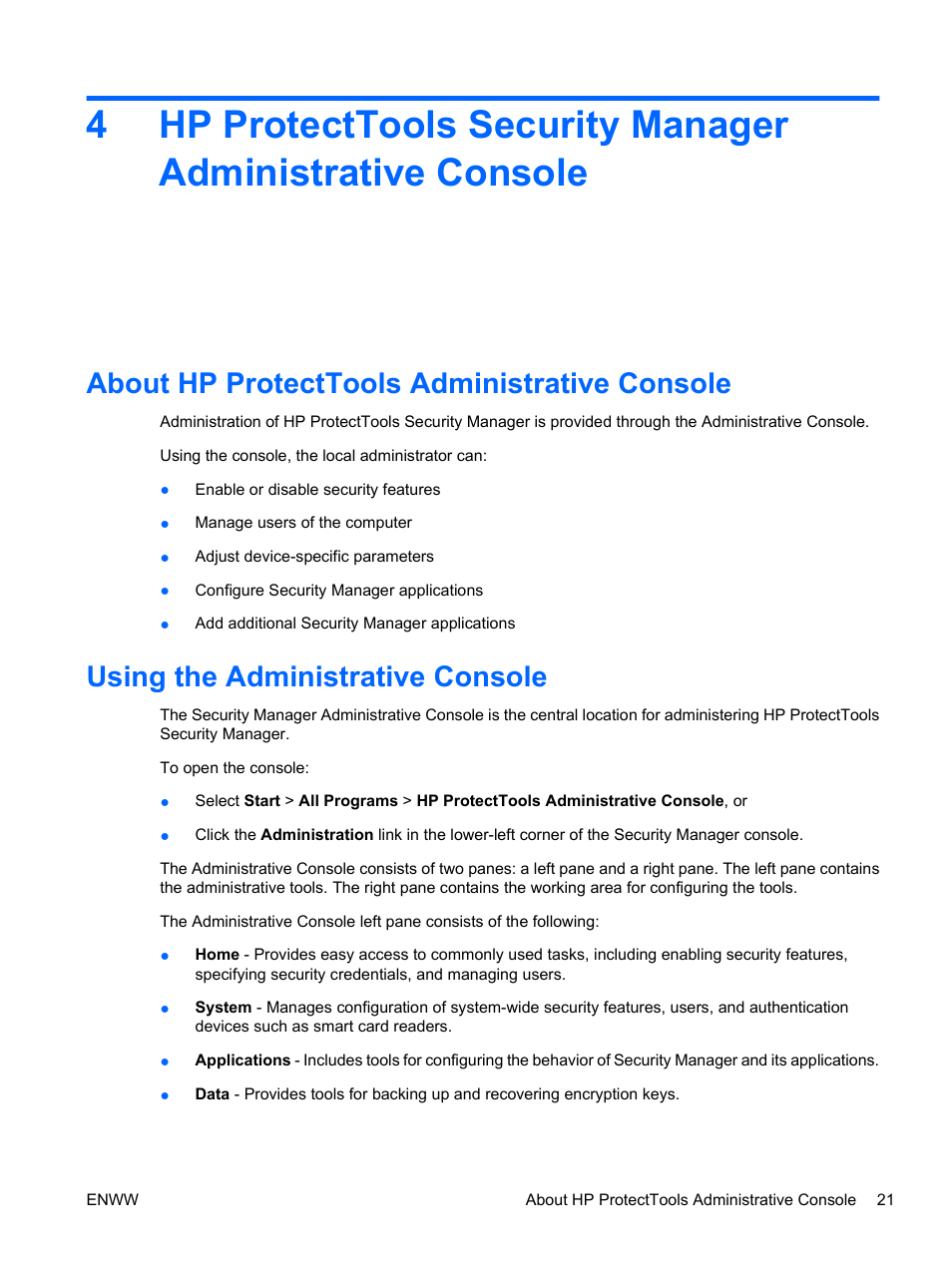 About hp protecttools administrative console, Using the administrative console | HP Pro 3120 Small Form Factor-PC User Manual | Page 29 / 58