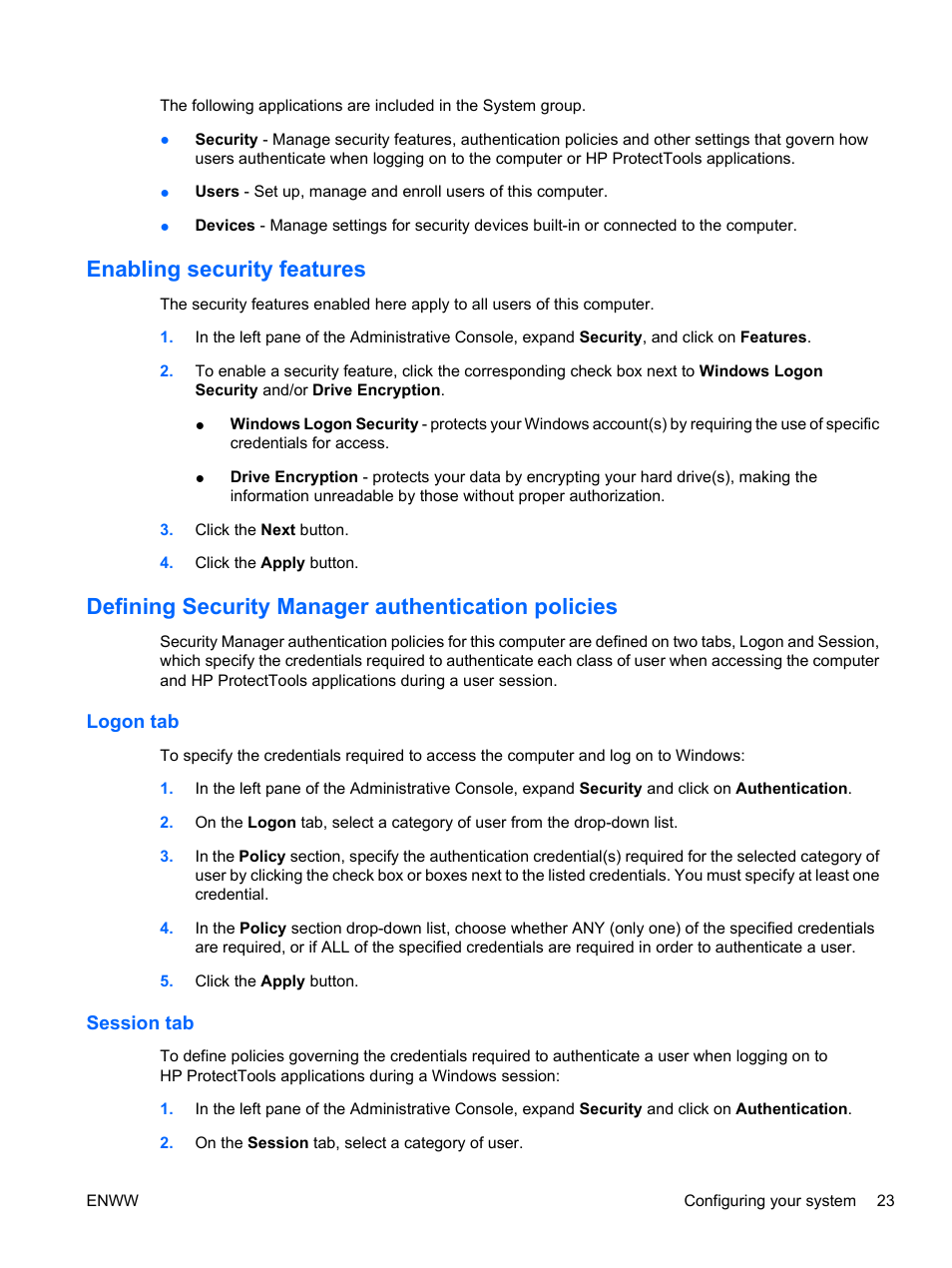 Enabling security features, Defining security manager authentication policies, Logon tab | Session tab, Logon tab session tab | HP Pro 3120 Small Form Factor-PC User Manual | Page 31 / 58