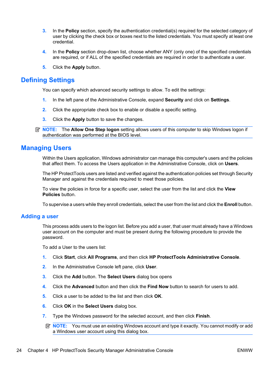 Defining settings, Managing users, Adding a user | HP Pro 3120 Small Form Factor-PC User Manual | Page 32 / 58