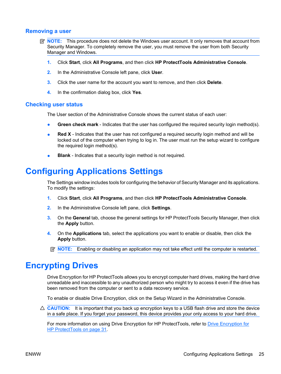 Removing a user, Checking user status, Configuring applications settings | Encrypting drives, Removing a user checking user status | HP Pro 3120 Small Form Factor-PC User Manual | Page 33 / 58