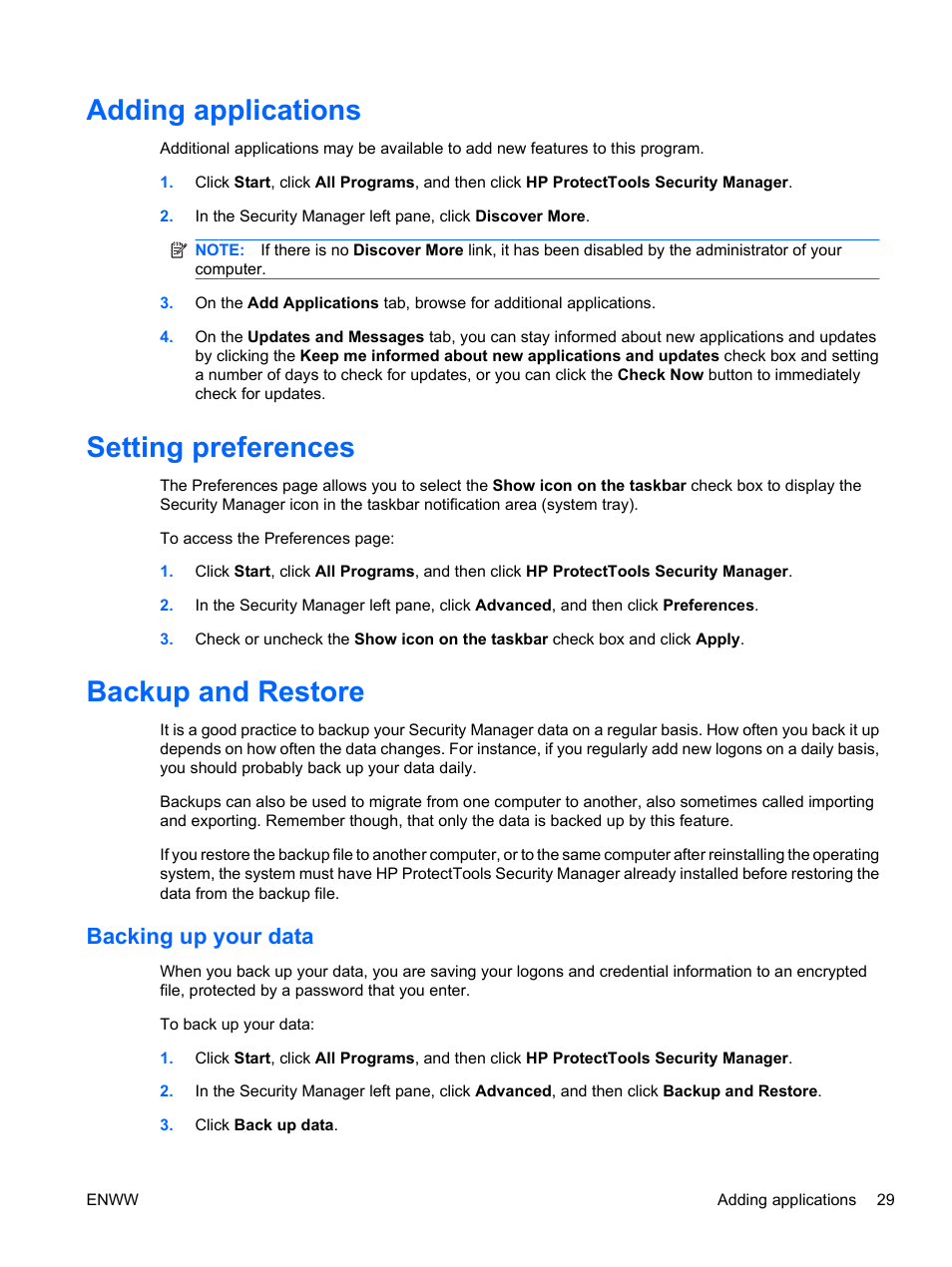 Adding applications, Setting preferences, Backup and restore | Backing up your data | HP Pro 3120 Small Form Factor-PC User Manual | Page 37 / 58