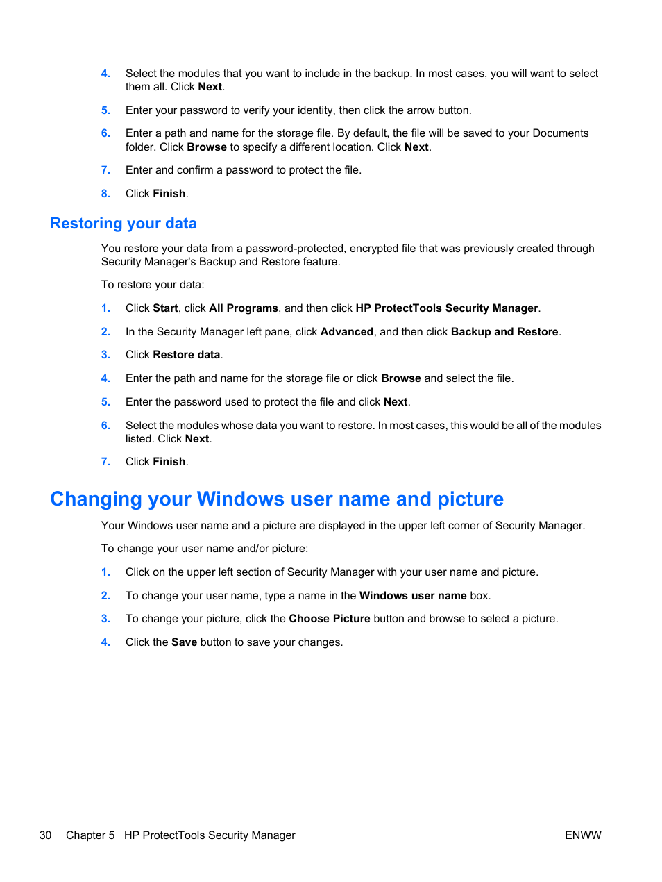 Restoring your data, Changing your windows user name and picture | HP Pro 3120 Small Form Factor-PC User Manual | Page 38 / 58